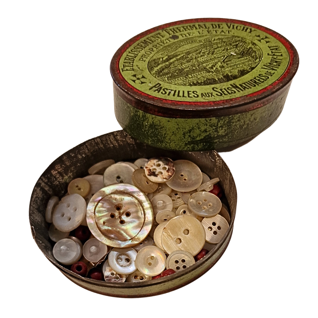 French Sweetie Tin with vintage Mother of Pearl buttons